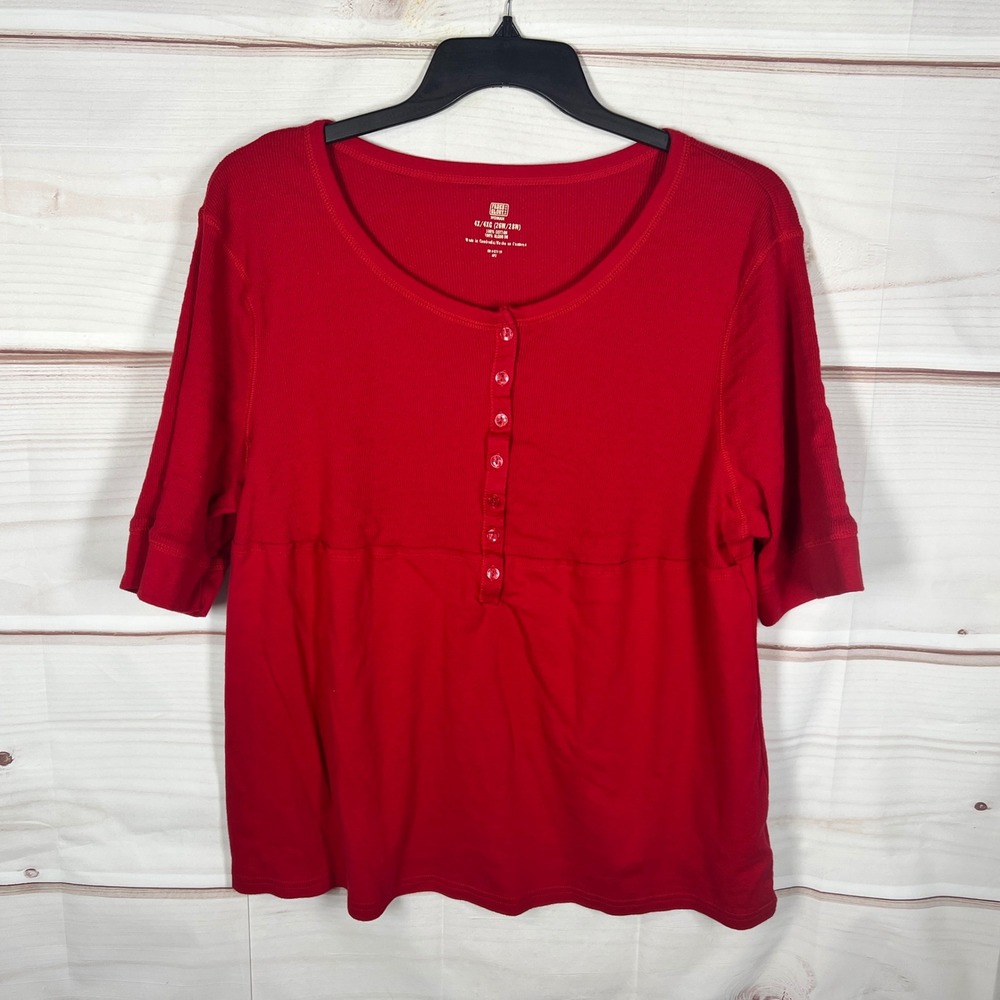 Faded Glory Red Cotton Ribbed Henley Top Womens 4X Short Sleeve Solid Knit